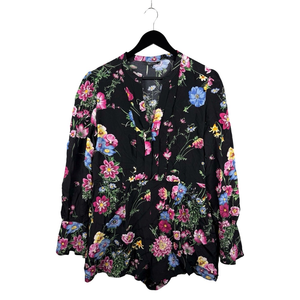 Tara Jarmon Black 100% Silk Floral Long Sleeve Romper Sz 42 / US 10 L, FRANCE